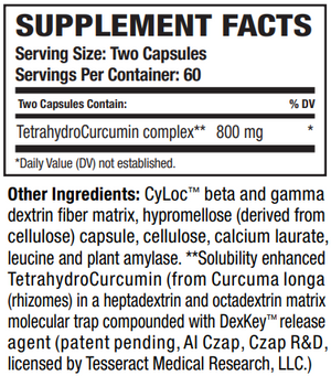 Supplement facts for TetraCumin-QR™ (Quick Release) listing ingredients including Curcuma Longa, Curcumin