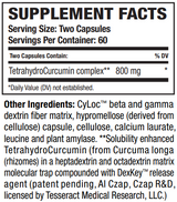 Supplement facts for TetraCumin-QR™ (Quick Release) listing ingredients including Curcuma Longa, Curcumin
