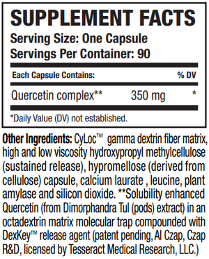 Supplement facts for QuerciSorb™ SR listing ingredients including Amylase, Calcium, Chromium Picolinate, Dextrin, Fiber