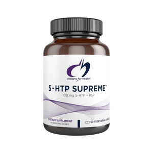 A Supplement container with the name 5-HTP Supreme by Designs for Health.