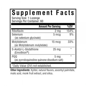 Ingredients:  Riboflavin, Selenium, Molybdenum, S-Acetyl-L-Glutathione, PQQ Pyrroloquinoline Quinone Disodium Salt.
