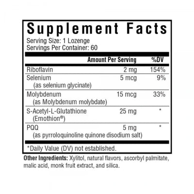 Ingredients:  Riboflavin, Selenium, Molybdenum, S-Acetyl-L-Glutathione, PQQ Pyrroloquinoline Quinone Disodium Salt.