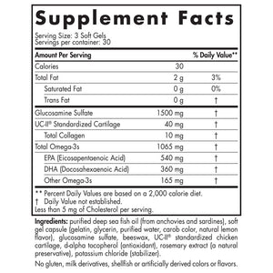 Text describing the ingredients: Glucosamine Sulfate, UC-II Standardized Cartilage, Total Collagen 10mg, Total Omega-3s 1065mg, EPA, DHA, Other Omea-3s.