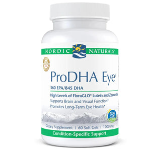 A Supplement container with the name ProDHA Eye by Nordic Naturals.