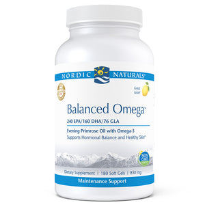 A Supplement container with the name Balanced Omega by Nordic Naturals.