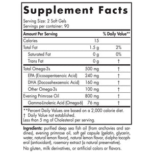 Text describing the ingredients: Omega-3s, EPA, DHA, Evening Primrose Oil, Gamma-Linolenic Acid (Omega-6).