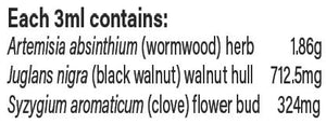 Text listing the ingredients including, Artemisia absinthium, Juglans nigra, Syzgium aromaticum