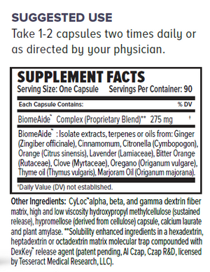 Supplement facts for BiomeAide-SR listing ingredients including Beet Powder, Bergamot, Beta Alanine, Beta Glucan, Beta Glucanase