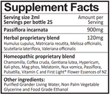 Text listing the ingredients including Passiflora incarnata, Humulus lupulus, Matricaria recutita, Melissa officinalis, Scutellaria lateiflora, Valeriana officinalis, Chamomilla, Coffea cruda, Gentiana lutea, Hypericum, Kali phos, Mag phos, Melatonin, Nux vomica, Pulsatilla, Vitamin C