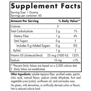 Text describing the ingredients: Xylitol, Vitamin D3, Sodium.