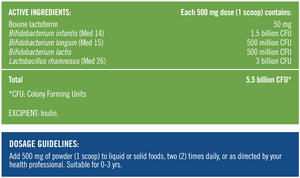 Supplement facts for Biotic Jnr™ listing ingredients including Bifidobacterium infantis, Bifidobacterium lactis, Bifidobacterium longum, Bovine lactoferrin, Lactobacillus rhamnosus