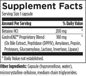 Text listing the ingredients including Betaine HCl, GastroENZ, Ox bile Extract, Peptidase, DPPIV, Amylases, Pepsin, Proteases, Glucoamylase, Lactase, Invertase, Lipase, capsule (hypomellose/ water), microcrystalline cellulose, medium chain triglycerides