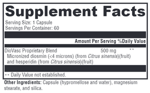 Supplement facts for DioVasc listing ingredients including Citrus sinensis, Hesperidin