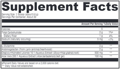 Text listing the ingredients including L-Glutamine, Arabinogalactan, Heartwood, Larix Laricina, Deglycyrrhizinated licorice, Glycyrrhiza glabra, Aloe Vera, Aloe Barbadensis