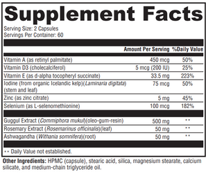 Supplement facts for MedCaps T3 listing ingredients including Alpha tocopheryl, Ashwagandha, Ashwagandha (Withania somnifera), Cholecalciferol, Guggul
