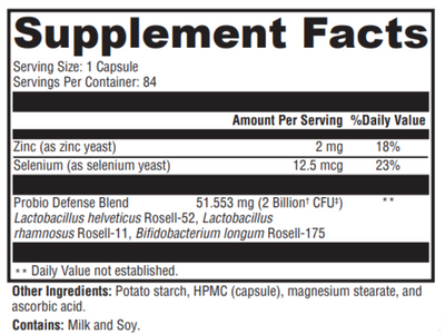 thi is an image of the ingredients list for Probio Defense