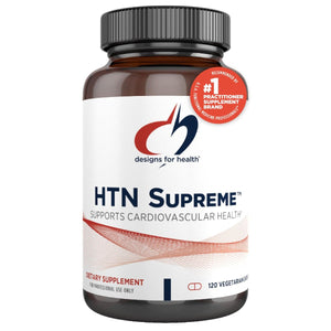 A Supplement container with the name HTN Supreme by Designs for Health.