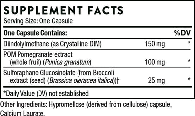 Ingredients including Diindolylmethane, Crystalline DIM, POM, Pomegranate extract, Punica granatum, Sulforaphane Glucosinolate, Broccoli Extract seed, Brassica oleracea italica.