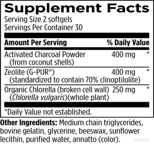 Text describing the ingredients: Activated Charcoal Powder, Zeolite (G-Pur), Organic Chlorella.

Medium chain triglycerides, bovine gelatin, glycerine, beeswax, sunflower lecithin, purified water, annatto (color)
