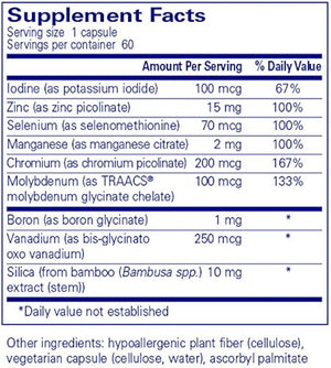 Text describing the ingredients: Iodine, Zinc, Selenium, Manganese, Chromium, Molybdenum, Boron, Vanadium, Silica.