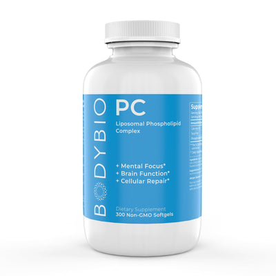 A Supplement container with the name PC - Phosphatidyl Choline (300 Softgels) by Bodybio.