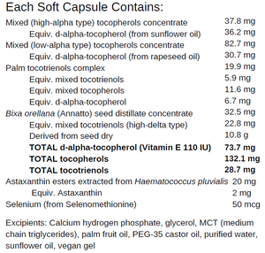 Supplement facts for E Asta Sel listing ingredients including Annatto, Astaxanthin, Haematococcus pluvialis, Selenium, Selenium selenomethionine