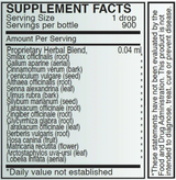 Supplement facts for Detox 1 listing ingredients including Althaea officinalis, Arctostaphylos, Berberis vulgaris, Cinnamomum verum, Dandelion (Taraxacum officinale)