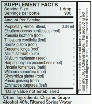 Supplement facts for A - Inflam listing ingredients including Allium sativum, Ashwagandha (Withania somnifera), Cat's claw (Uncaria tomentosa), Curcuma Longa, Echinacea purpurea