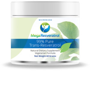 A supplement container of 99% Trans-Resveratrol Powder by MegaResveratrol