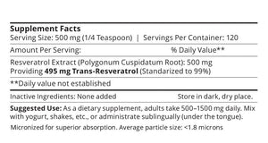 Supplement facts for 99% Trans-Resveratrol Powder listing ingredients including Japanese Knotweed Extract (Polygonum cuspidatum), Resveratrol, Resveratrol trans-form