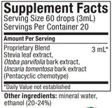 Supplement facts for Nutra-Brl listing ingredients including Cat's claw (Uncaria tomentosa), Ethanol, Otoba Parvifolia Bark Extract, Stevia leaf (Stevia rebaudiana)