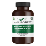 A bottle of a supplement called Metabolism & Thermagenic. White and green label.