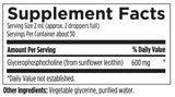 Text describing the ingredients Glycerophosphocholine (from Sunflower Iecithin) 600mg