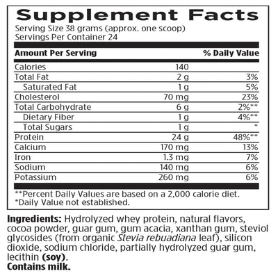 Text describing the ingredients: Hydrolyzed Whey Protein, Cocoa powder, Guar Gum, Gum acacia, Xanthan gum, Steviol glycosides, Silicon dioxide, Sodium Chloride, Lecithin, 