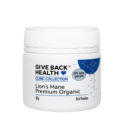 A white supplement bottle which says give back health clinic collection 57% beta glucans lions mane premium organic 80g oral powder 