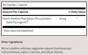 Supplement facts for Pycnogenol® listing ingredients including Pine (Pinus spp.), Pine Bark Extract (Pinus pinaster), Pycnogenol (French maritime pine bark extract)