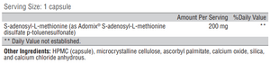 Supplement facts for SAM-e listing ingredients including Methionine, Methionine (L-Methionine), S-adenosyl-L-methionine (SAMe)