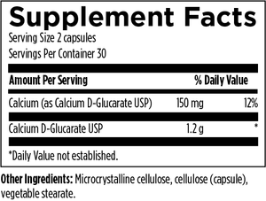 Text describing the ingredients: Calcium  (as Calcium D-Glucarate USP), microcrystalline cellulose, cellulose (capsule), vegetable sterate