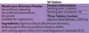 Supplement facts for Blazei-MRL ™ 90T listing ingredients including Agaricus Blazei, Alpha Lipoic Acid, Cellulose (vegetarian capsule), Collodial Anhydrous Silica, Magnesium stearate