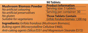 Supplement facts for Maitake-MRL ™ 90T listing ingredients including Grifola frondosa, Maitake
