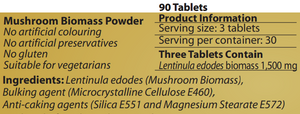 Supplement facts for Shiitake-MRL ™ 90T listing ingredients including Lentinula edodes, Shiitake
