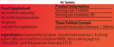 Supplement facts for Reishi-MRL ™ 90T listing ingredients including Ganoderma Lucidum, Reishi, Reishi (Ganoderma lucidum)