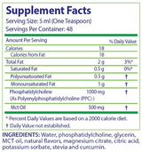 Supplement facts for Phoscol PPC Kids 240 mL Liposome Orange Cream listing ingredients including Glycine, Helichrysum Hydrosol, Indian Frankincense Extract, Lavender Extract, Mct oil