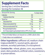 Supplement facts for PhosChol Liquid Concentrate 236.5 mL listing ingredients including Ascorbyl Palmitate, Glyceryl Stearate SE, Magnesium stearate, Magnesium stearate, Mct oil