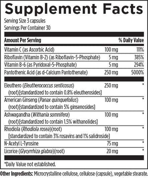 Text describing the ingredients: 
Vitamin c, Riboflavin, vitamin b-6, Pantothenic acid, eleuthero, american ginseng, ashwagandha, rhodiola, n-acetyl L-Tyrosine, Licorice, microcrystalline cellulose, cellulose (capsule), vegetable sterate 