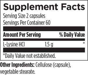 Supplement facts for L-lysine listing ingredients including HCl, Lysine, Lysine (L-Lysine)