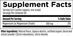Supplement facts for MagCitrate Powder listing ingredients including Magnesium citrate