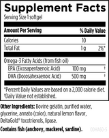 Text listing the ingredients including Omega 3, EPA, DHA, Eicosapentatenoic acid, Docosahexaenic acid.