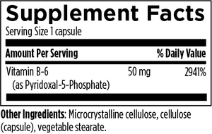 Supplement facts for P-5-P listing ingredients including Vitamin B6 (pyridoxal 5-phosphate), Vitamin B6 (pyridoxine)