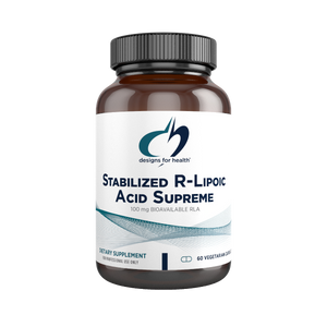 A supplement container of Stabilized R-Lipoic Acid Supreme by Designs for Health - USA